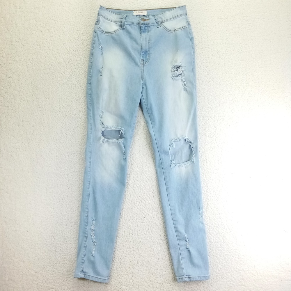 Vibrant MIU Womens Distressed High Rise Skinny Jeans Light Wash Blue Size 15 W31